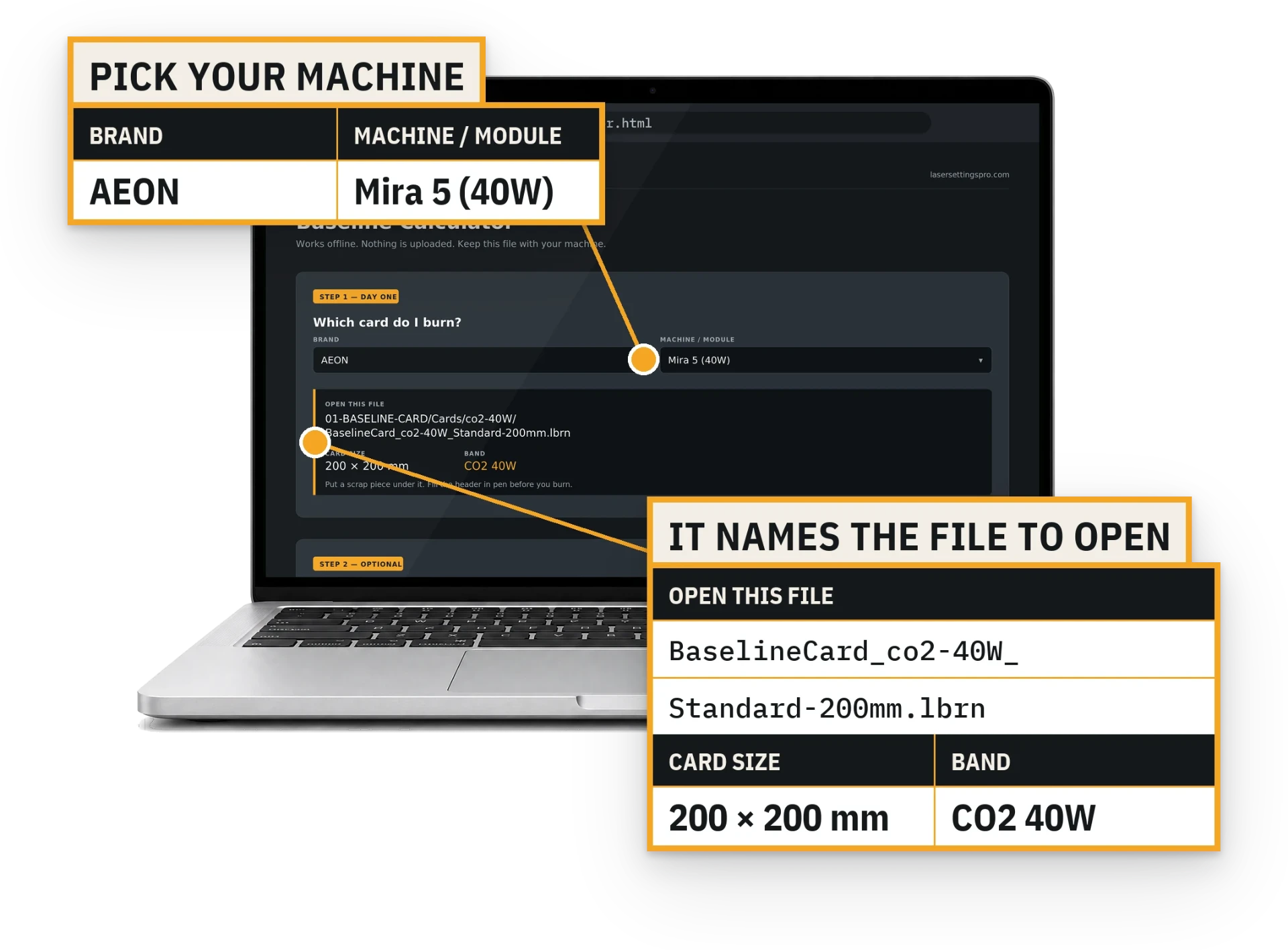 The Baseline Calculator open in a browser: pick your machine and it names the card file to open